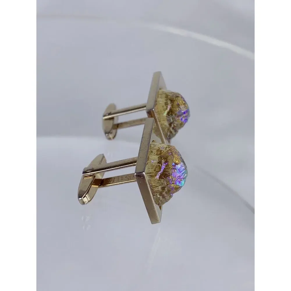 Dichroic Art Glass Nugget Gold Tone Cufflinks Molded Foster Iridescent Vintage